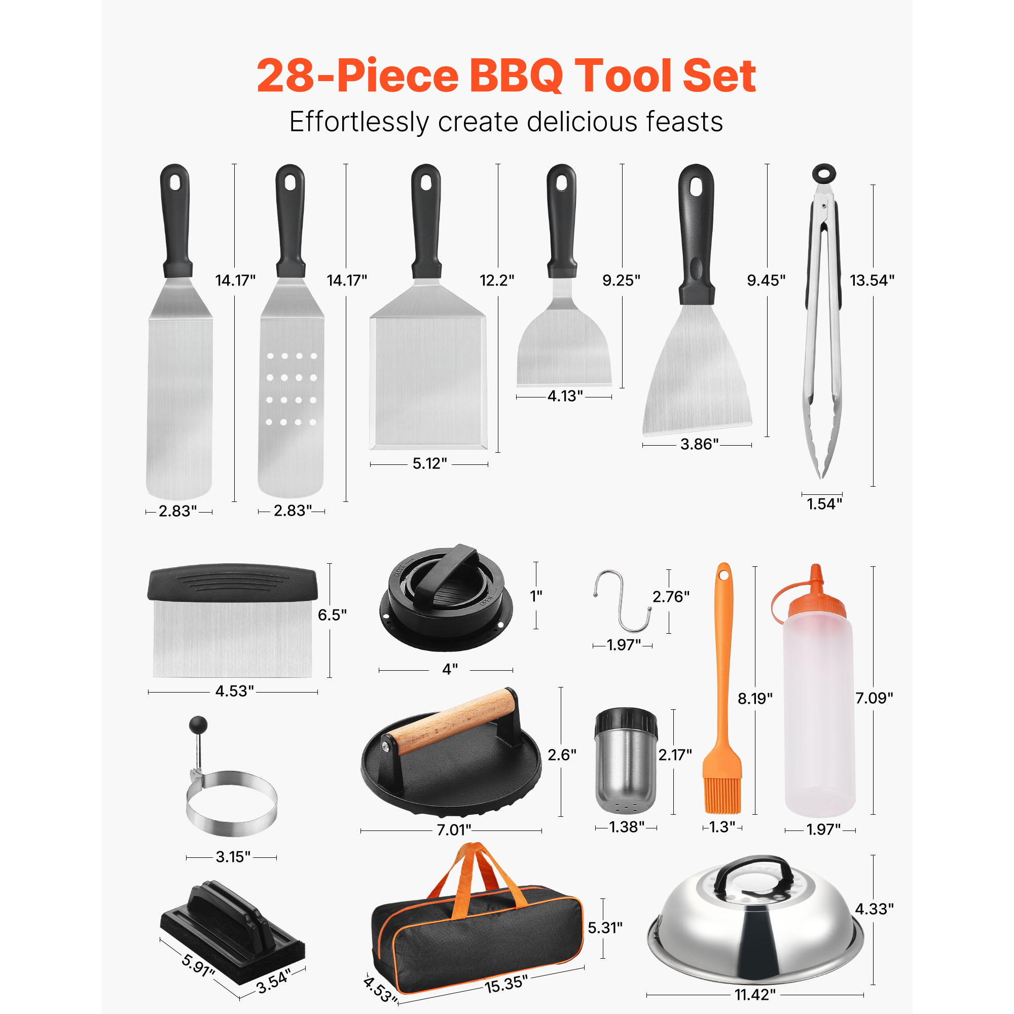 28-Piece Griddle Accessories Kit with Stainless Steel Spatulas, Cast Iron Press, and Cleaning Tools for Flat Top Grill