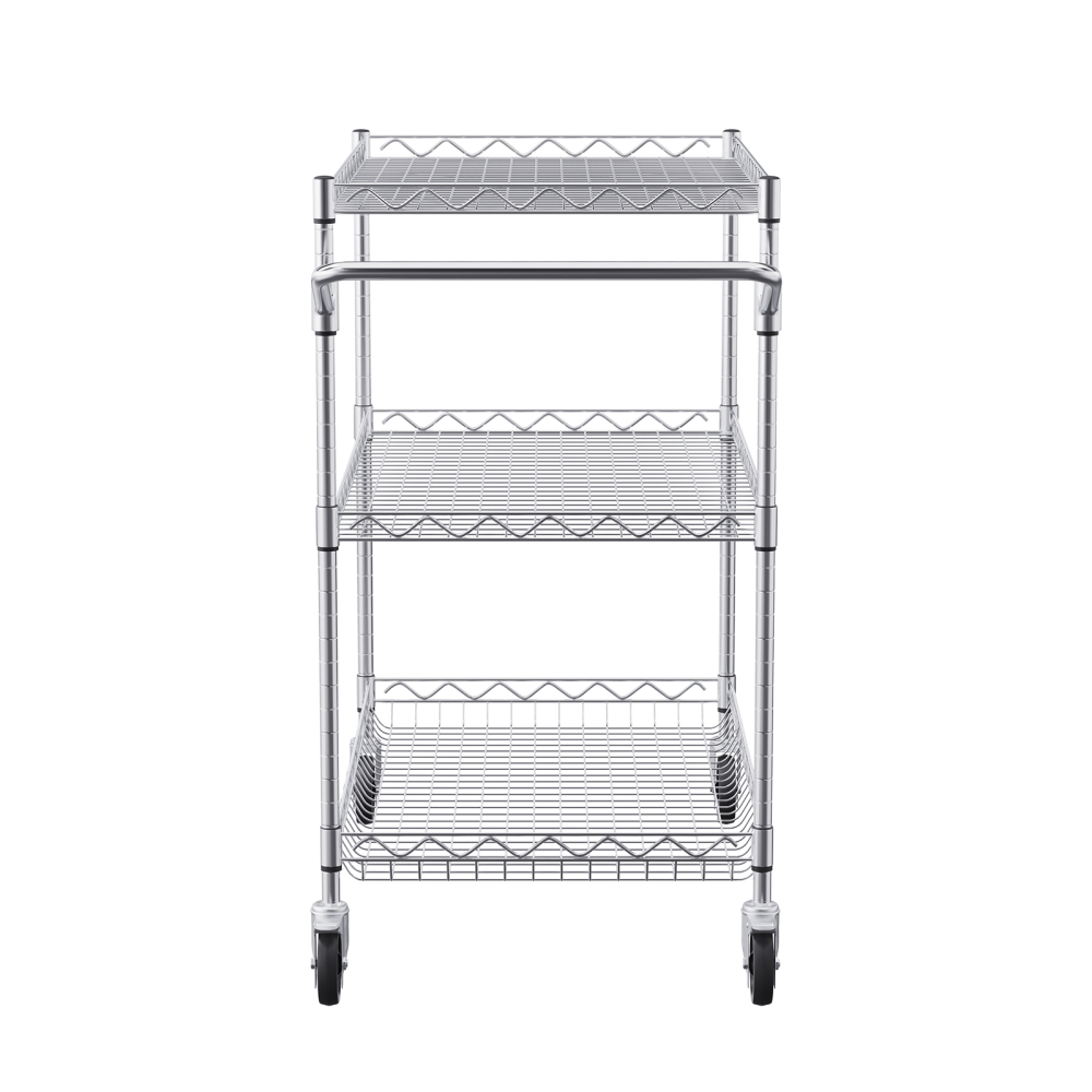 Heavy Duty 3-Tier Rolling Utility Cart with Adjustable Wire Shelves & Silent Casters - Industrial Chrome Storage Rack for Kitchen, Garage, and Warehouse