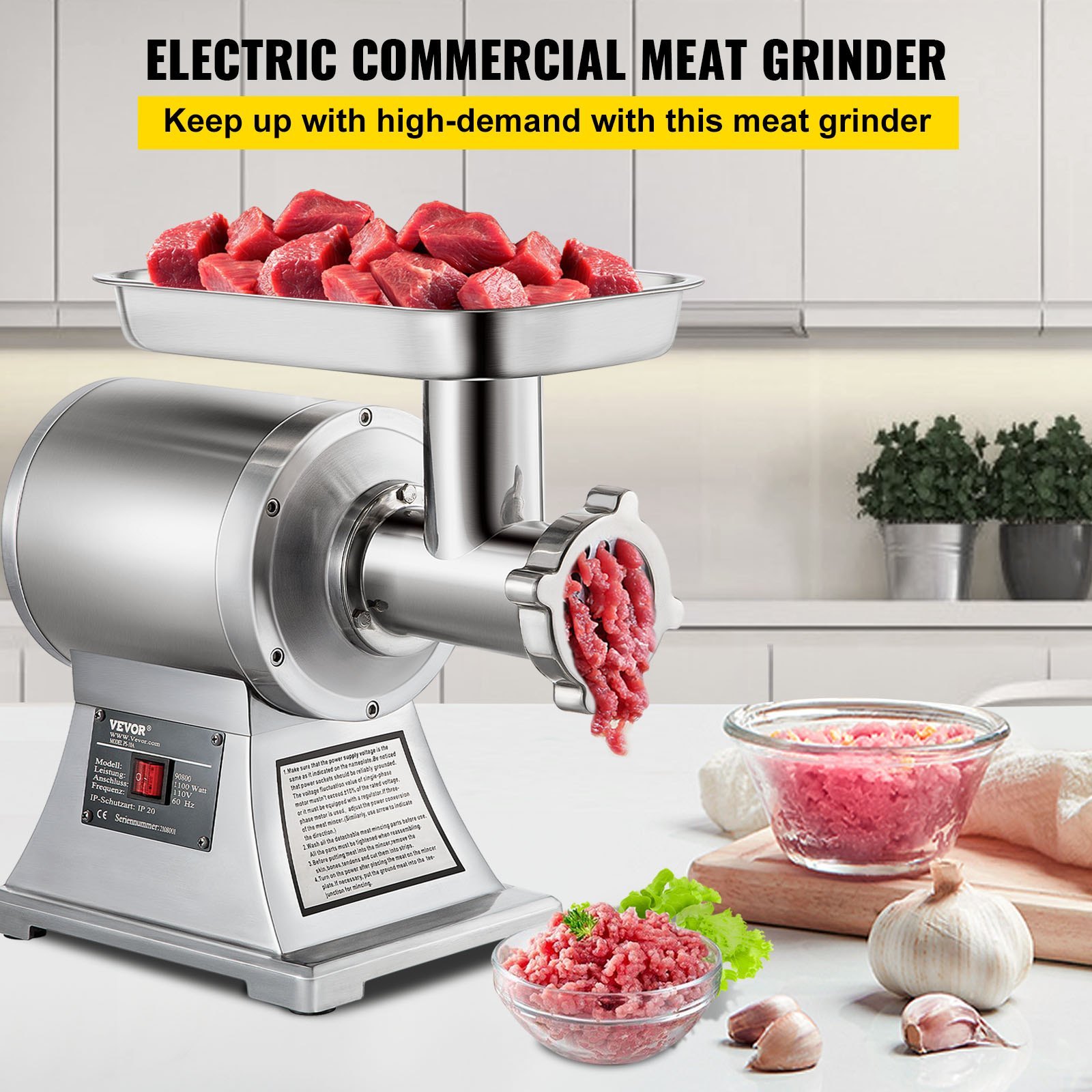 VEVOR Commercial Meat Grinder, 1100W Heavy Duty Electric Meat Mincer with Stainless Steel Construction, Industrial Grade Food Processor for Sausage Making & Kitchen Prep