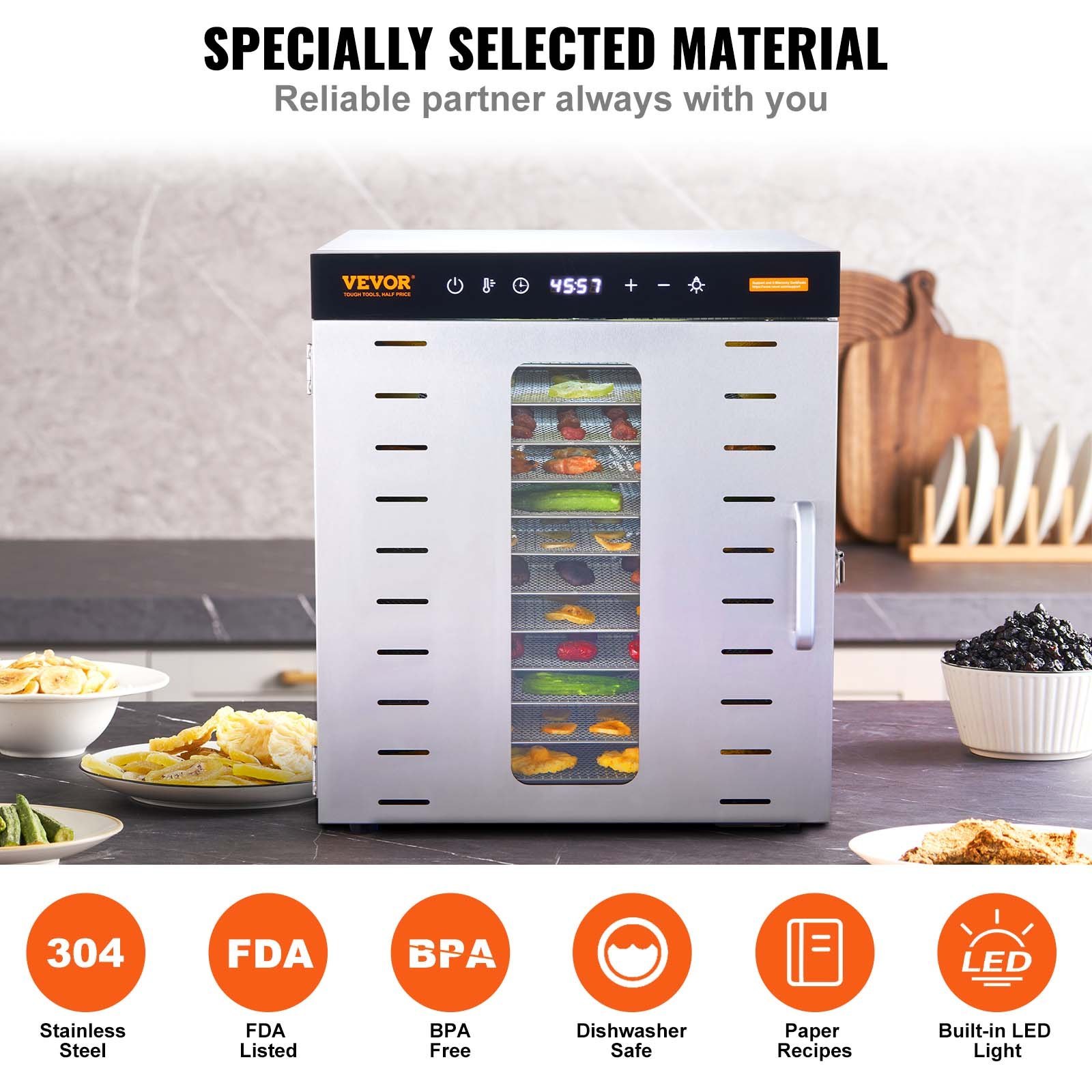 VEVOR Commercial Food Dehydrator Machine with 10 Stainless Steel Trays, Digital Adjustable Timer & Temperature Control for Jerky, Fruit, Herbs, and Dog Treats