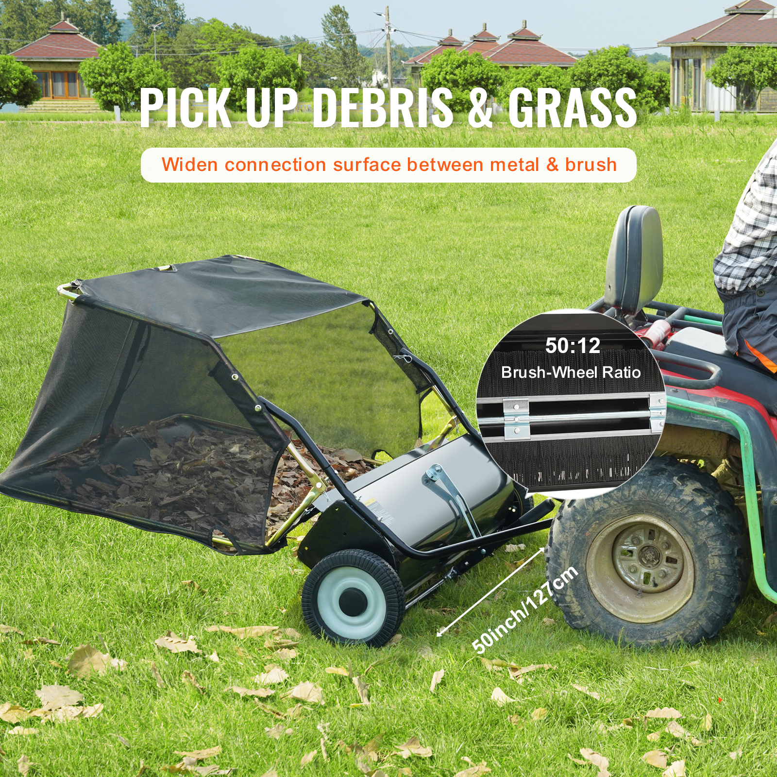 VEVOR 50" Tow Behind Lawn Sweeper - 26 Cu. Ft. Heavy Duty Leaf & Grass Collector with Adjustable Height Brush