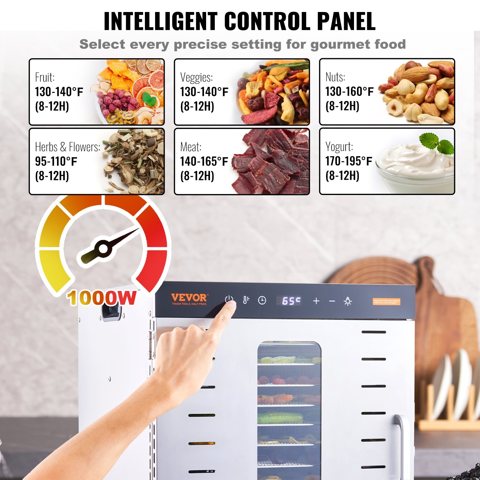 VEVOR Commercial Food Dehydrator Machine with 10 Stainless Steel Trays, Digital Adjustable Timer & Temperature Control for Jerky, Fruit, Herbs, and Dog Treats