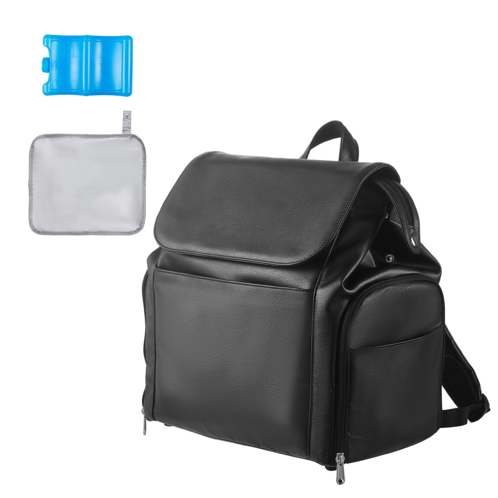 Premium Black PU Leather Breast Pump Backpack - Insulated Diaper Bag with Ice Pack & Organizer Pockets for Travel and Work