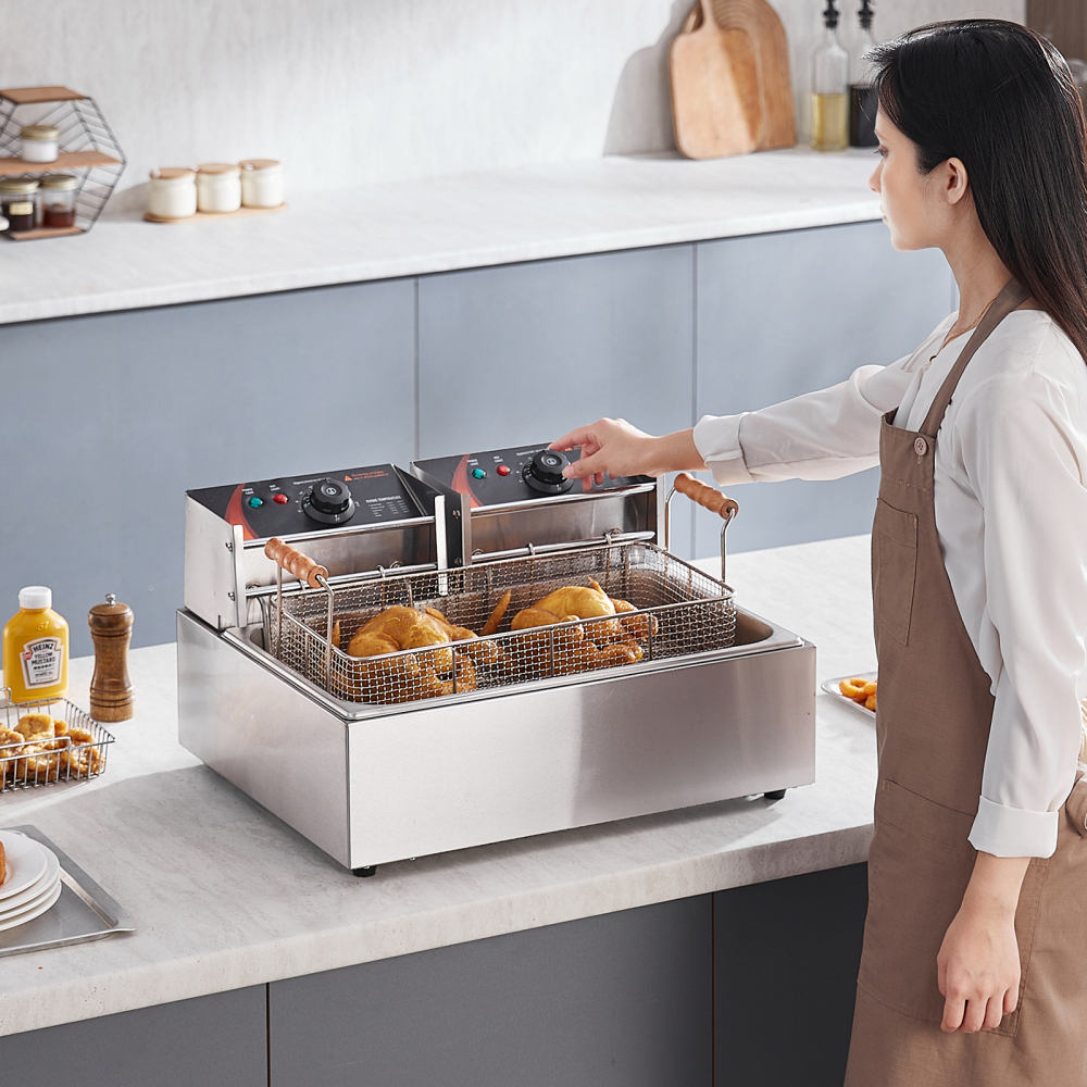 3000W Commercial Electric Deep Fryer Countertop - Dual Basket Stainless Steel Restaurant Fryer with Temperature Control
