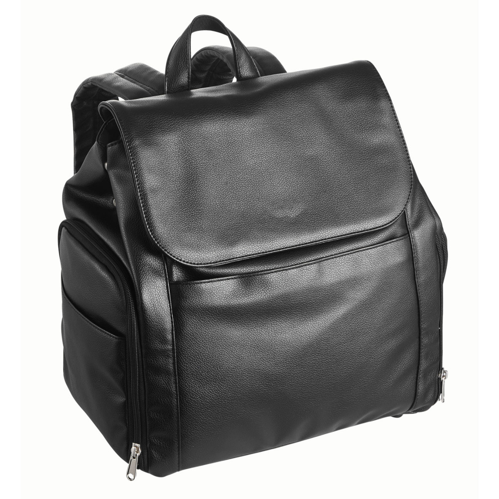 Premium Black PU Leather Breast Pump Backpack - Insulated Diaper Bag with Ice Pack & Organizer Pockets for Travel and Work