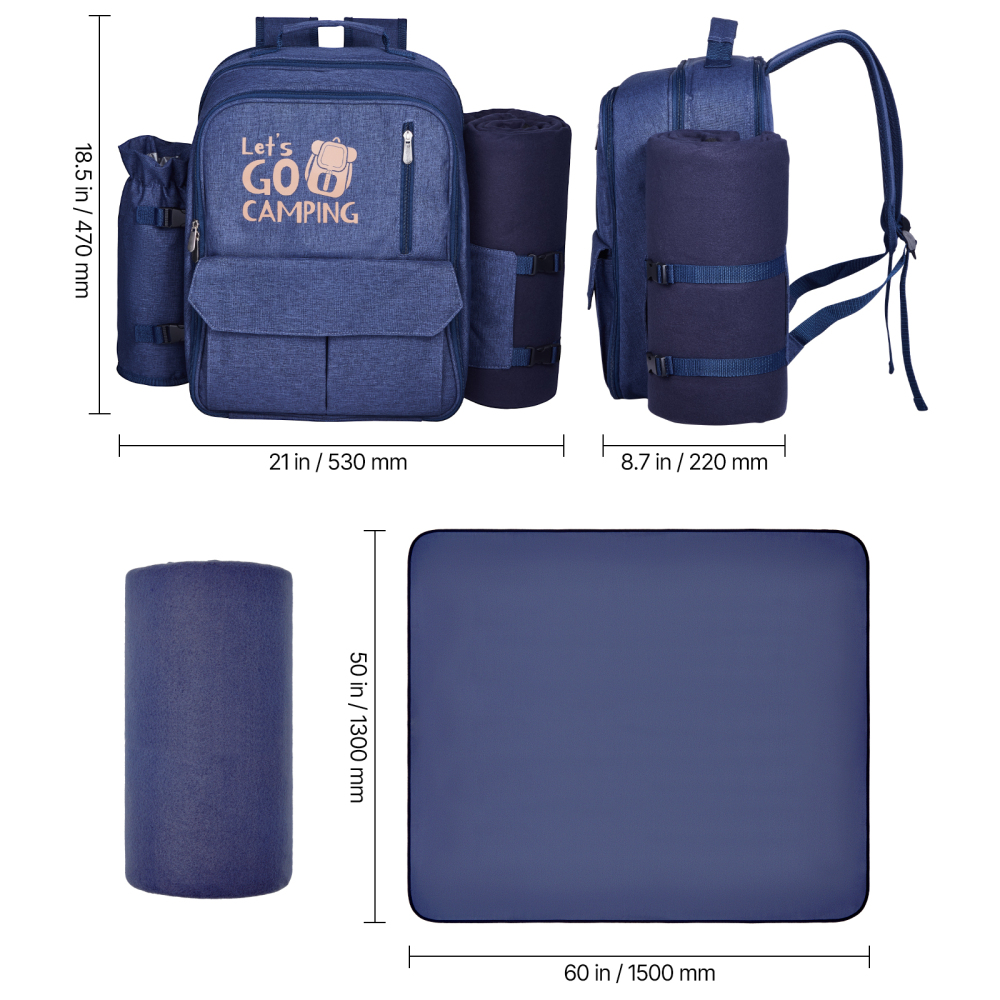 4-Person Insulated Picnic Backpack Set with Cooler Compartment & Blanket - Navy Blue Outdoor Hamper