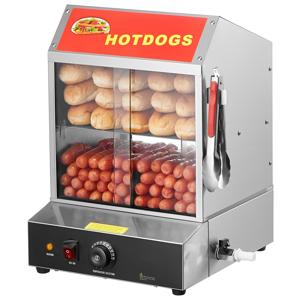 Commercial Hot Dog Steamer 2-Tier Electric Bun Warmer with Temperature Control - Stainless Steel Food Display Case