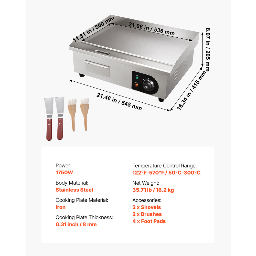 1750W Commercial Electric Griddle Stainless Steel Flat Top Grill with Adjustable Temp Control, Countertop Hot Plate for Steak, Pancakes & Burgers