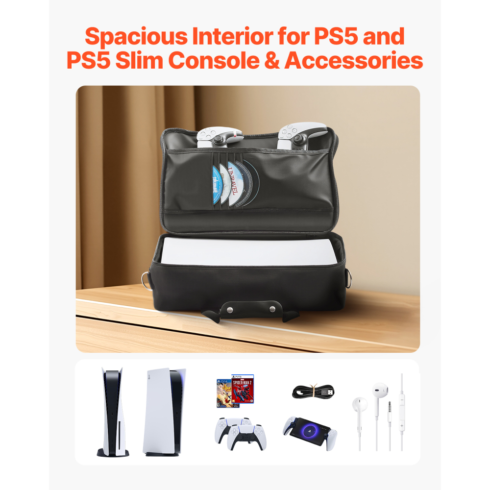 Durable Waterproof Nylon Carrying Case for PS5 & PS5 Slim - Protective Travel Bag with Padded Dividers