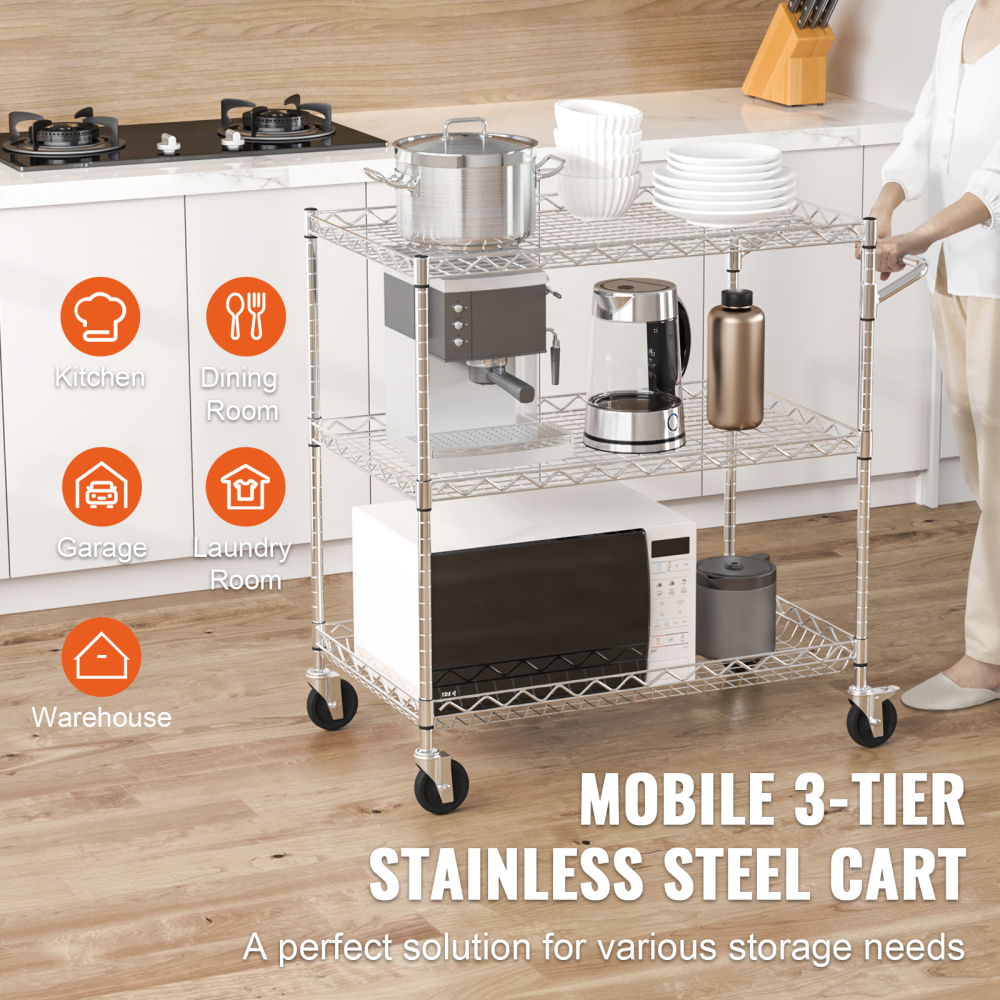 Heavy Duty 3-Tier Rolling Utility Cart with Adjustable Wire Shelves & Silent Casters - Industrial Chrome Storage Rack for Kitchen, Garage, and Warehouse