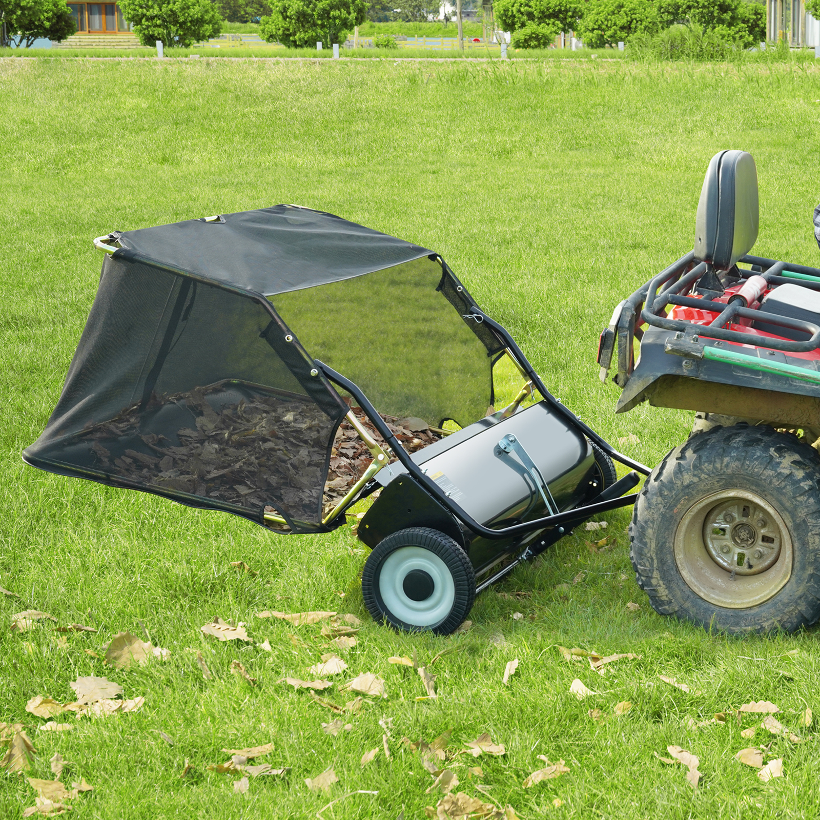 VEVOR 50" Tow Behind Lawn Sweeper - 26 Cu. Ft. Heavy Duty Leaf & Grass Collector with Adjustable Height Brush