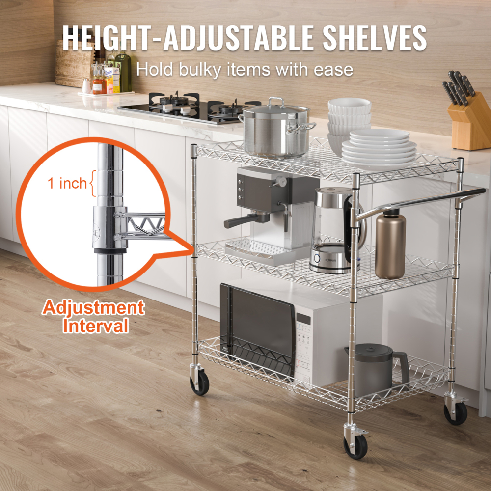 Heavy Duty 3-Tier Rolling Utility Cart with Adjustable Wire Shelves & Silent Casters - Industrial Chrome Storage Rack for Kitchen, Garage, and Warehouse