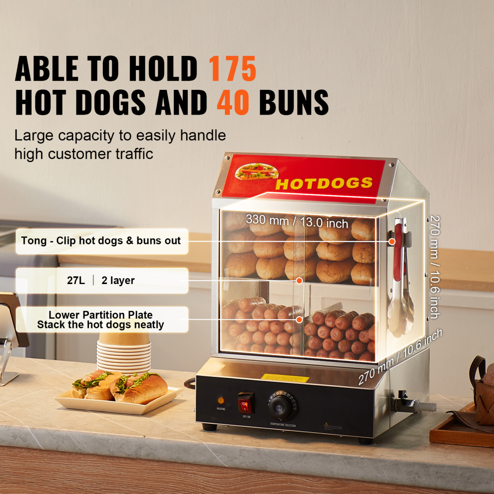 Commercial Hot Dog Steamer 2-Tier Electric Bun Warmer with Temperature Control - Stainless Steel Food Display Case