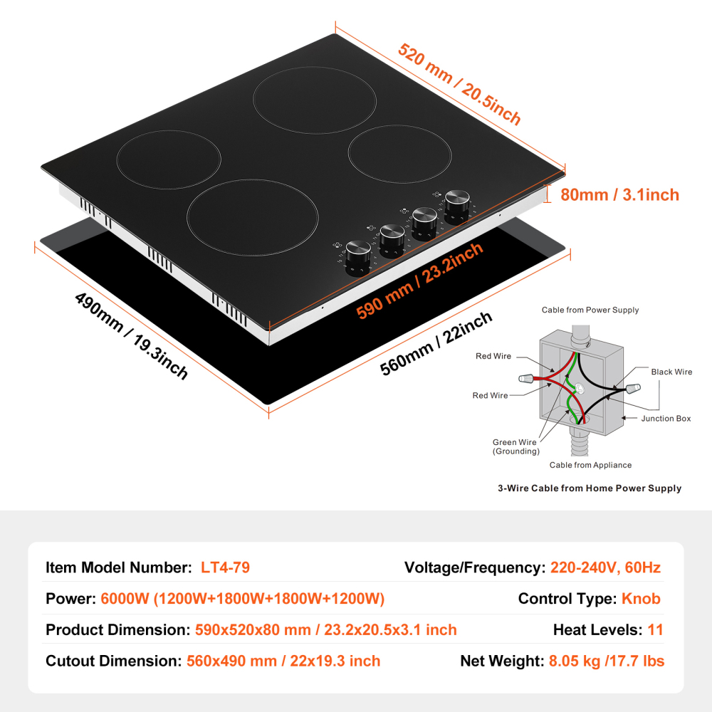 23.2" Built-in Electric Cooktop with 4 Radiant Burners, Knob Control Ceramic Glass Stove Top, 6000W High Power Kitchen Range for Home