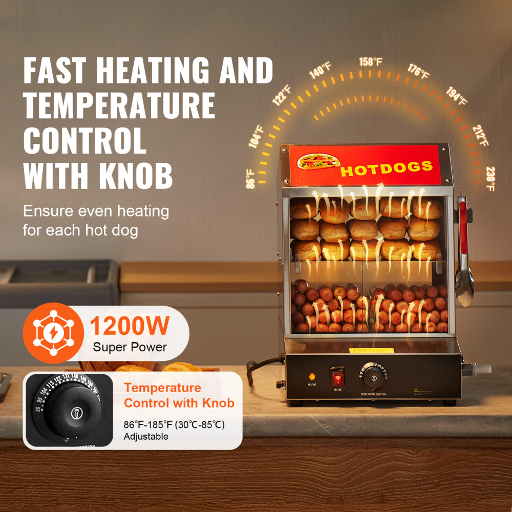 Commercial Hot Dog Steamer 2-Tier Electric Bun Warmer with Temperature Control - Stainless Steel Food Display Case