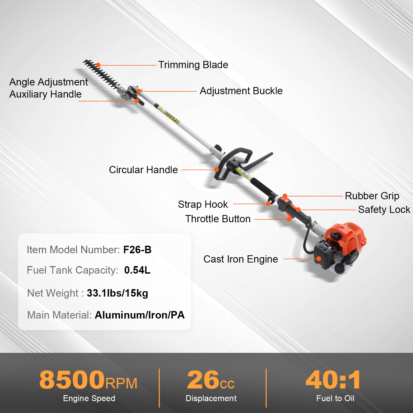 26CC 6-in-1 Gas Powered Multi-Tool System with Pole Saw, Hedge Trimmer, and Weed Eater - Complete Yard Maintenance Kit