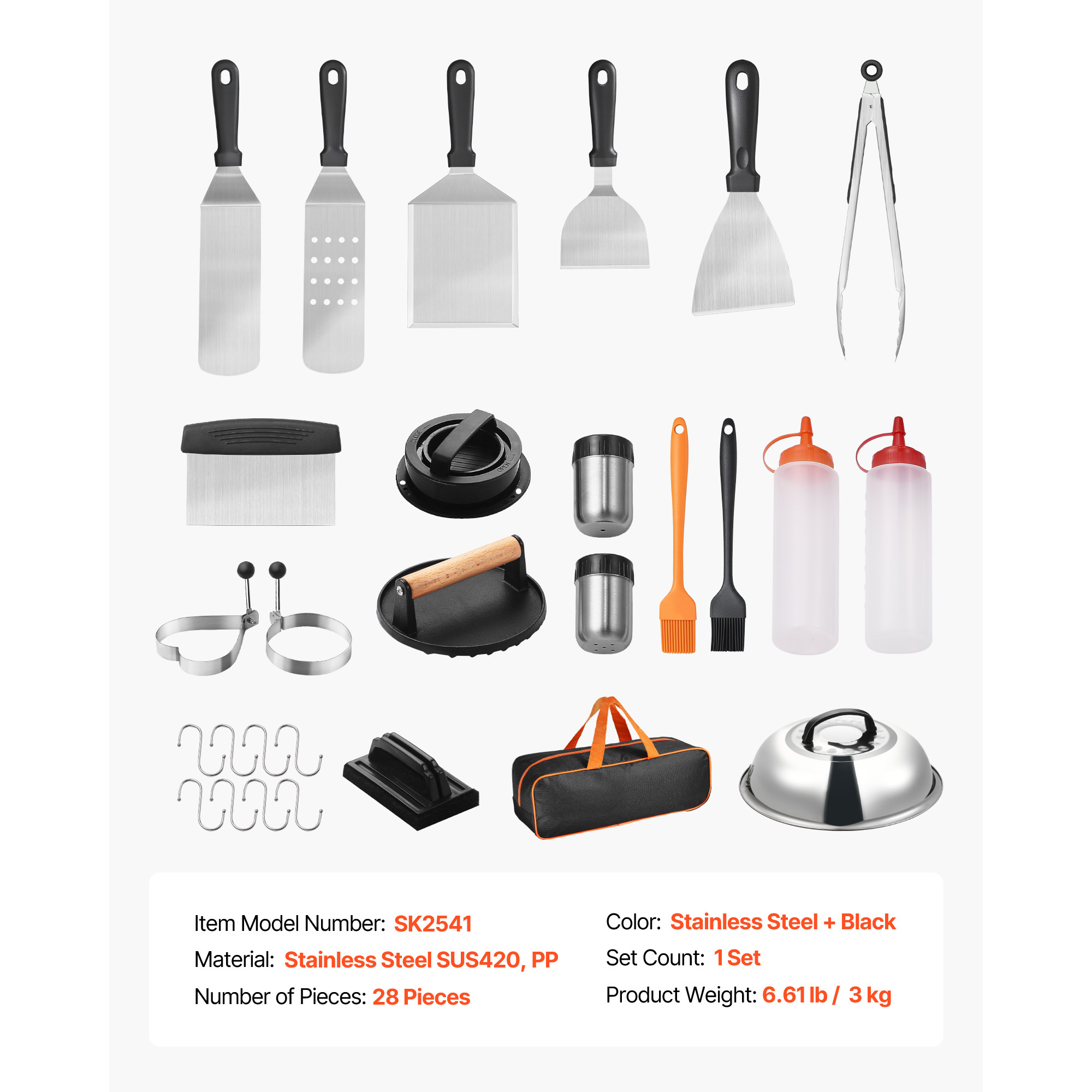 28-Piece Griddle Accessories Kit with Stainless Steel Spatulas, Cast Iron Press, and Cleaning Tools for Flat Top Grill