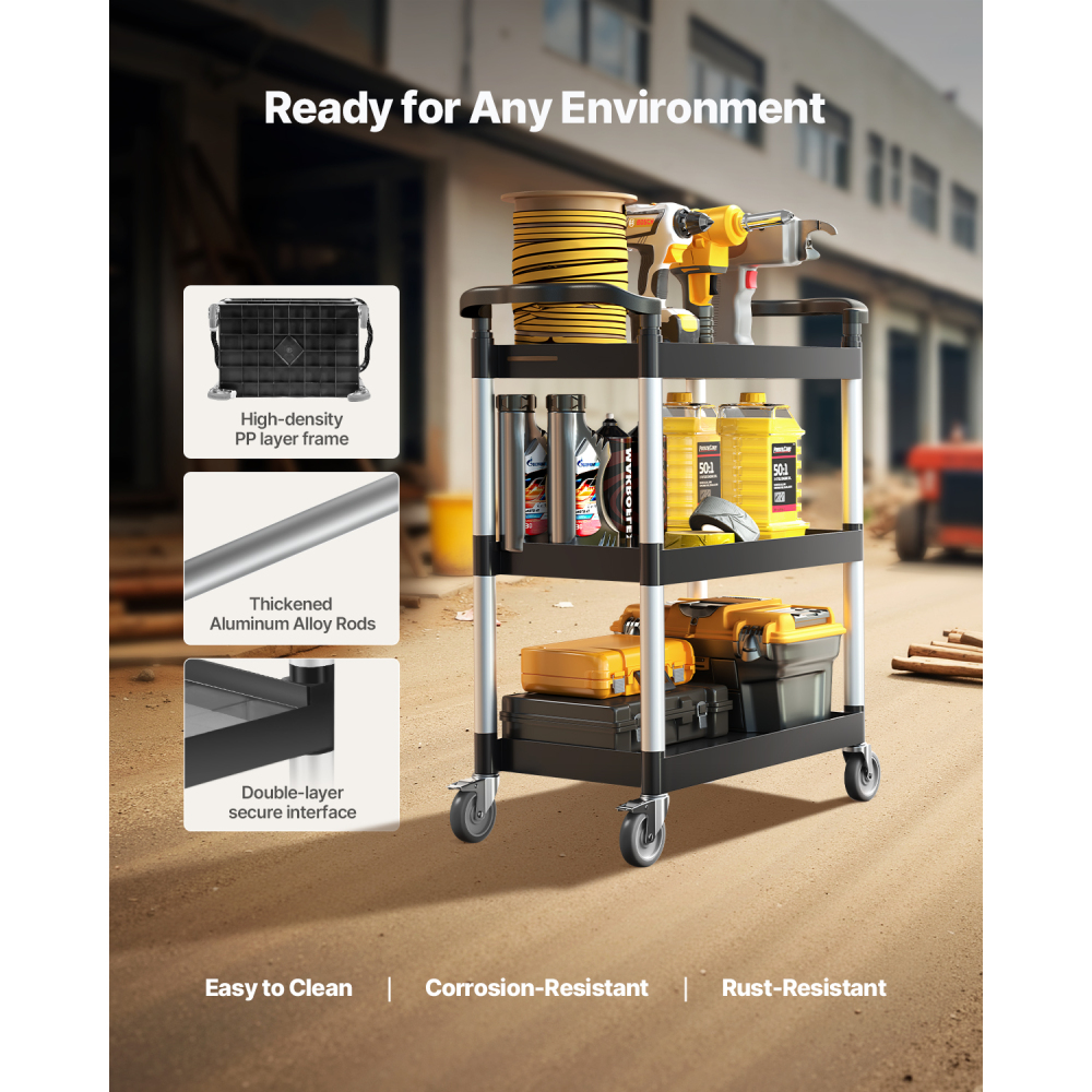 Heavy Duty 3-Tier Utility Cart with Wheels - 300 lbs Capacity Mobile Service Trolley for Garage & Home Organization