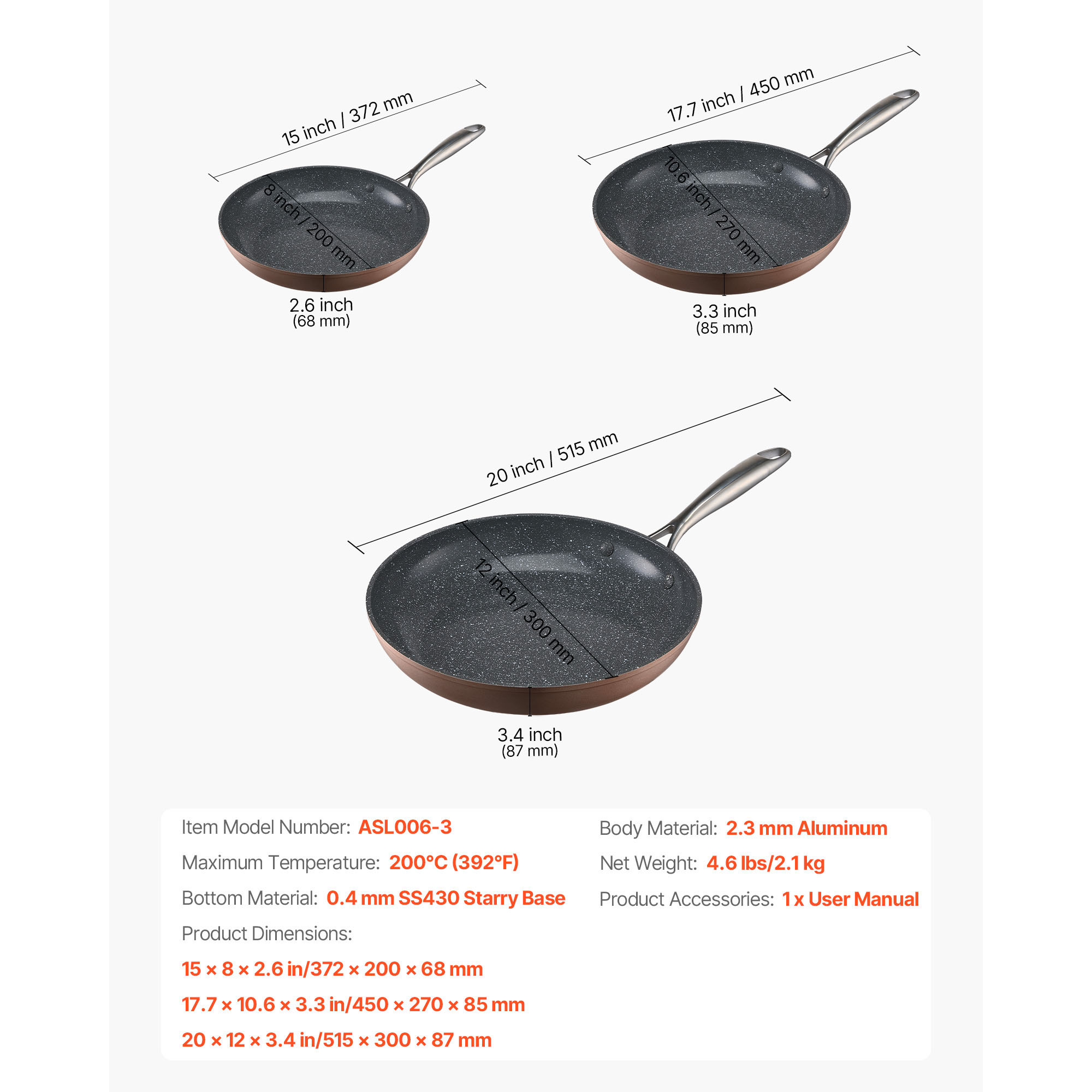 3-Piece Nonstick Frying Pan Set - Aluminum Skillet Cookware for Induction, Gas & Electric Stoves