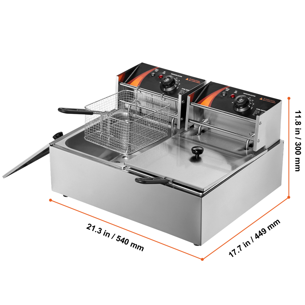 Commercial Electric Deep Fryer Dual Tank Stainless Steel Countertop Fryer with Adjustable Thermostat for Restaurant