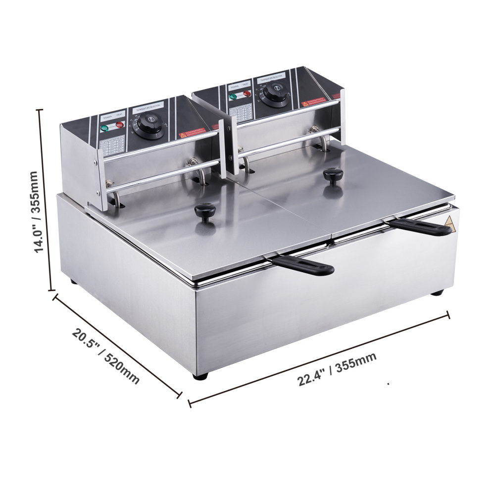 Commercial Electric Deep Fryer Dual Tank Stainless Steel Countertop Fryer with Adjustable Thermostat for Restaurant