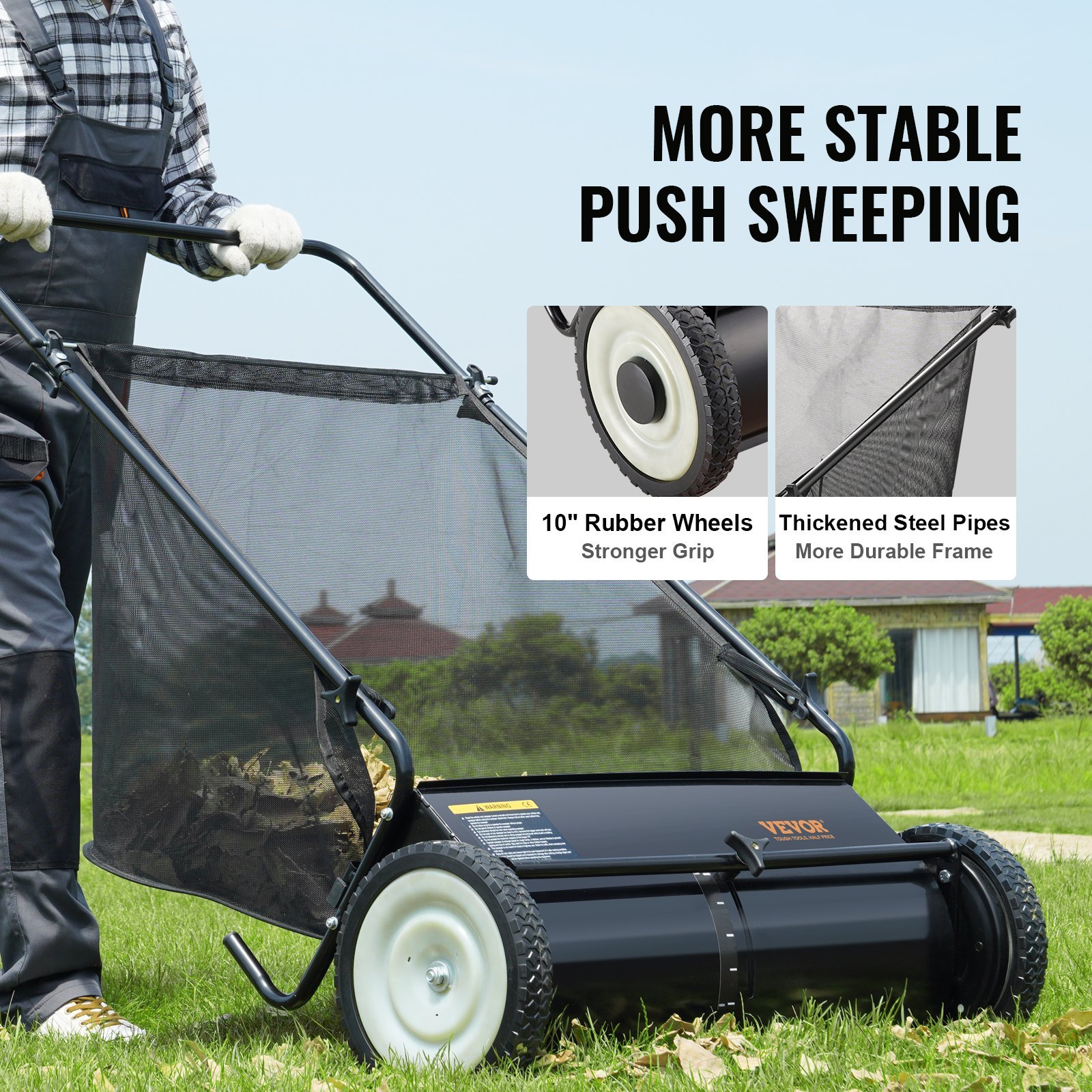 VEVOR 26-Inch Push Lawn Sweeper with Heavy-Duty Steel Frame & Large 7 Cu. Ft. Mesh Collection Bag for Leaves and Grass