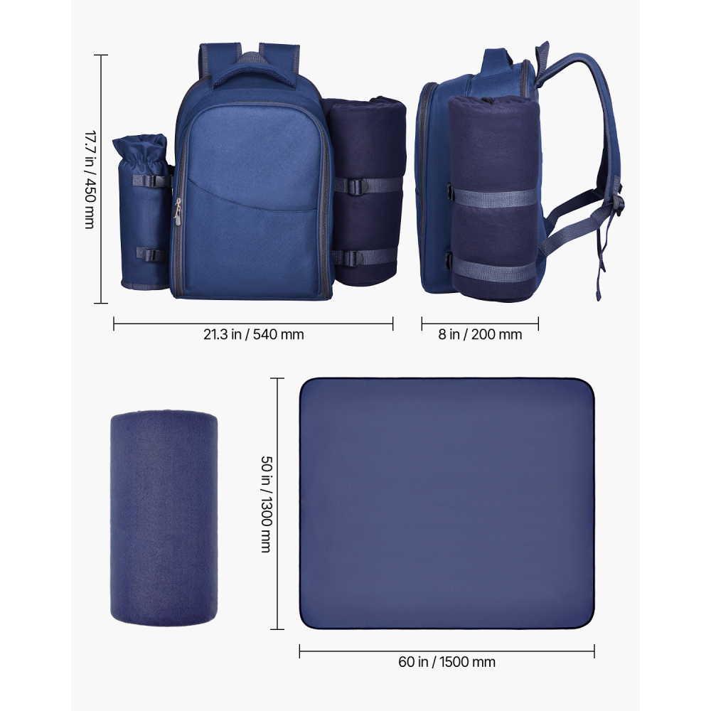 Navy Blue Insulated Picnic Backpack for Two with Cooler, Plates & Wine Glasses – All-in-One Outdoor Dining Set