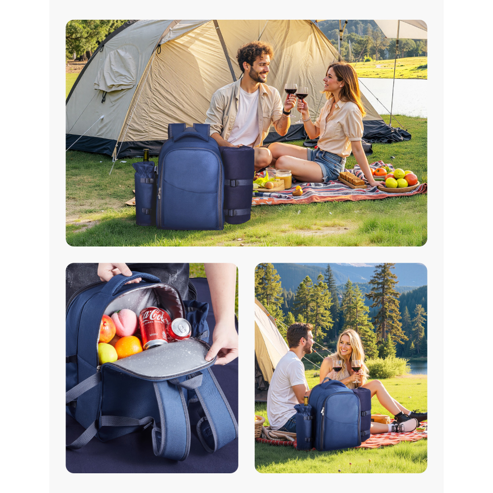 Navy Blue Insulated Picnic Backpack for Two with Cooler, Plates & Wine Glasses – All-in-One Outdoor Dining Set