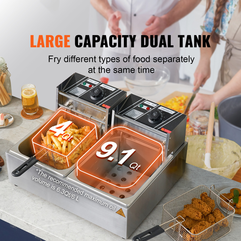Commercial Electric Deep Fryer Dual Tank Stainless Steel Countertop Fryer with Adjustable Thermostat for Restaurant