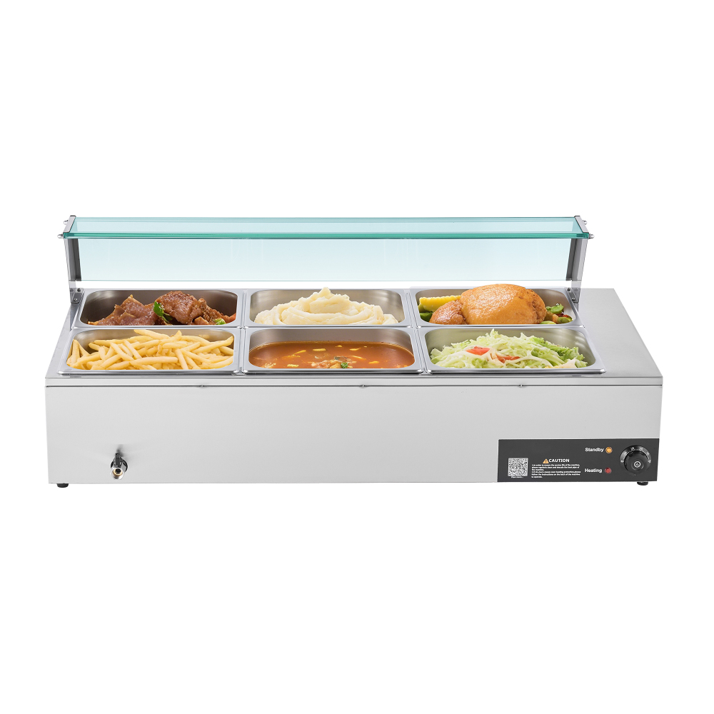 1500W Commercial Electric Food Warmer - Stainless Steel Buffet Bain Marie Steam Table with Glass Cover & 6 Pans for Catering, Restaurant, and Party