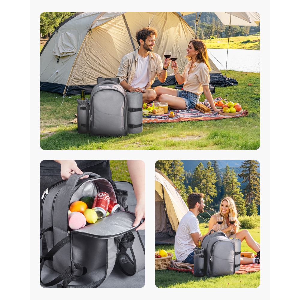 All-in-One Insulated Picnic Backpack for Two with Blanket & Wine Glasses - Grey Outdoor Cooler Bag
