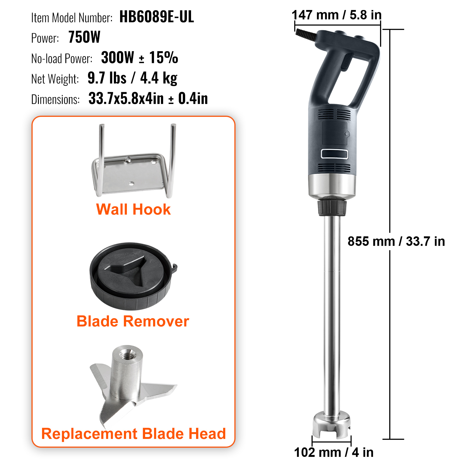 750W Heavy Duty Commercial Immersion Blender - Variable Speed Stainless Steel Hand Mixer with Detachable Blade for Soup, Smoothie & Puree