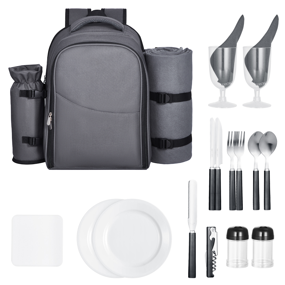 All-in-One Insulated Picnic Backpack for Two with Blanket & Wine Glasses - Grey Outdoor Cooler Bag