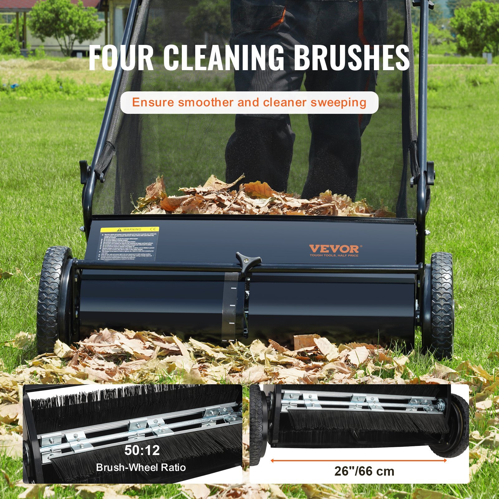 VEVOR 26-Inch Push Lawn Sweeper with Heavy-Duty Steel Frame & Large 7 Cu. Ft. Mesh Collection Bag for Leaves and Grass