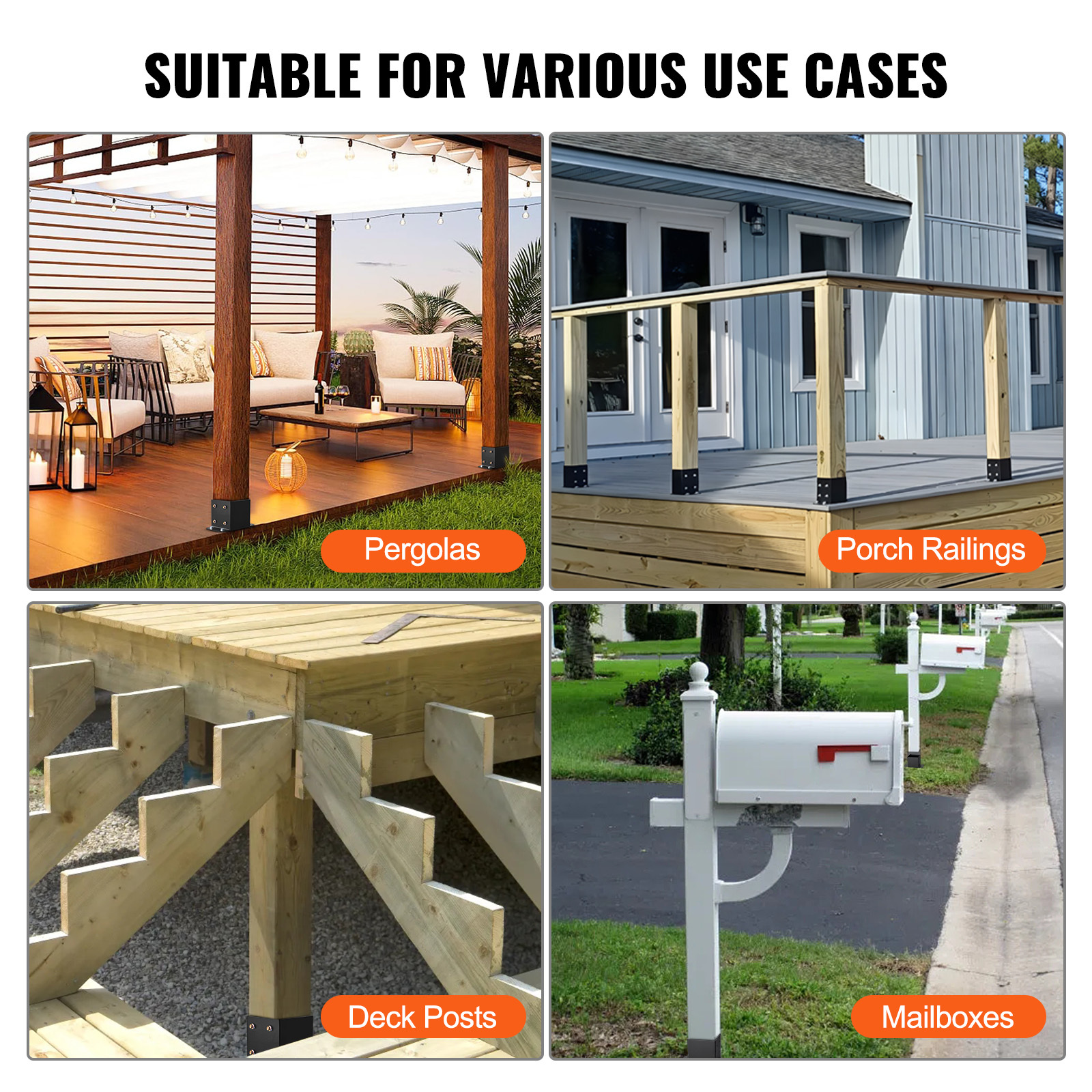 4-Pack Heavy Duty 6x6 Post Base Brackets - Powder Coated Black Steel Deck Support Anchors with Installation Hardware