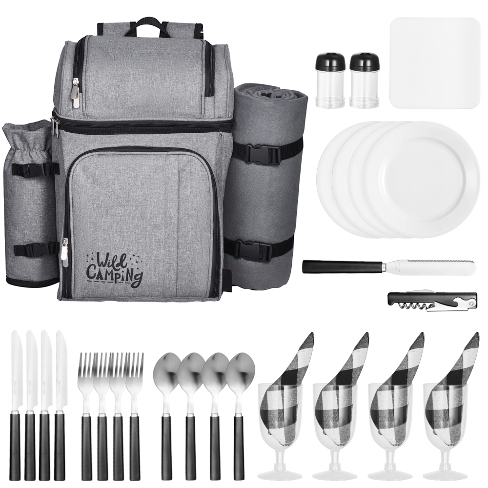 Premium Picnic Backpack Set for 4 with Insulated Cooler, Fleece Blanket & Shatterproof Tableware - Portable Outdoor Dining Kit