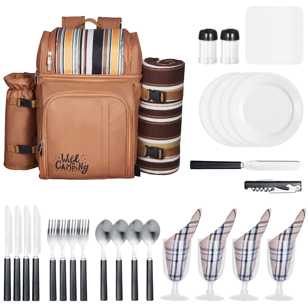 Insulated Picnic Backpack for 4 with Cooler, Waterproof Blanket & Tableware - Portable Outdoor Lunch Bag