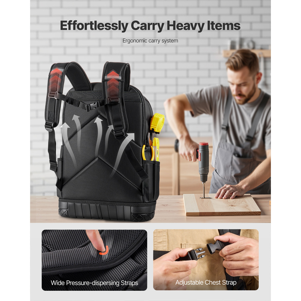 65-Pocket Heavy Duty Tool Backpack with 21-Piece Tool Set, Tear-Resistant Jobsite Organizer for Electricians & Contractors