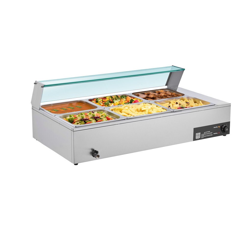 1500W Commercial Electric Food Warmer - Stainless Steel Buffet Bain Marie Steam Table with Glass Cover & 6 Pans for Catering, Restaurant, and Party