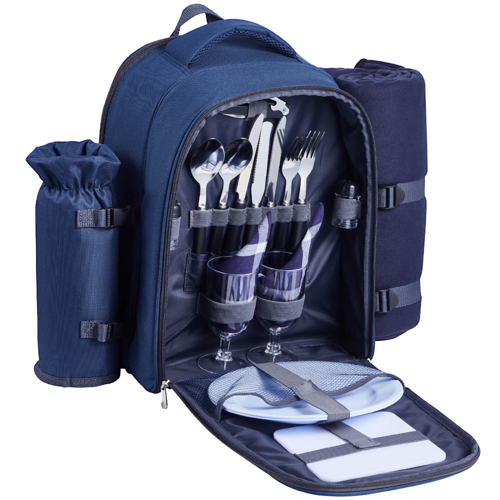 Navy Blue Insulated Picnic Backpack for Two with Cooler, Plates & Wine Glasses – All-in-One Outdoor Dining Set