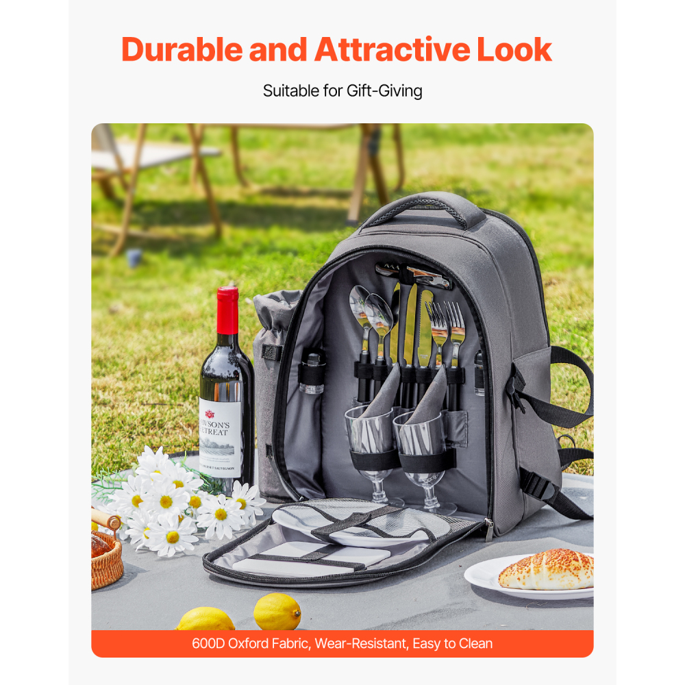 All-in-One Insulated Picnic Backpack for Two with Blanket & Wine Glasses - Grey Outdoor Cooler Bag