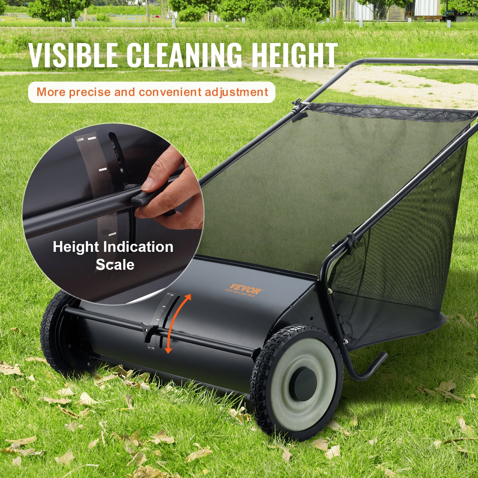 VEVOR 26-Inch Push Lawn Sweeper with Heavy-Duty Steel Frame & Large 7 Cu. Ft. Mesh Collection Bag for Leaves and Grass
