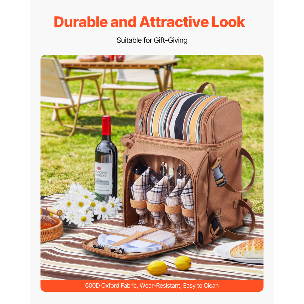 Insulated Picnic Backpack for 4 with Cooler, Waterproof Blanket & Tableware - Portable Outdoor Lunch Bag