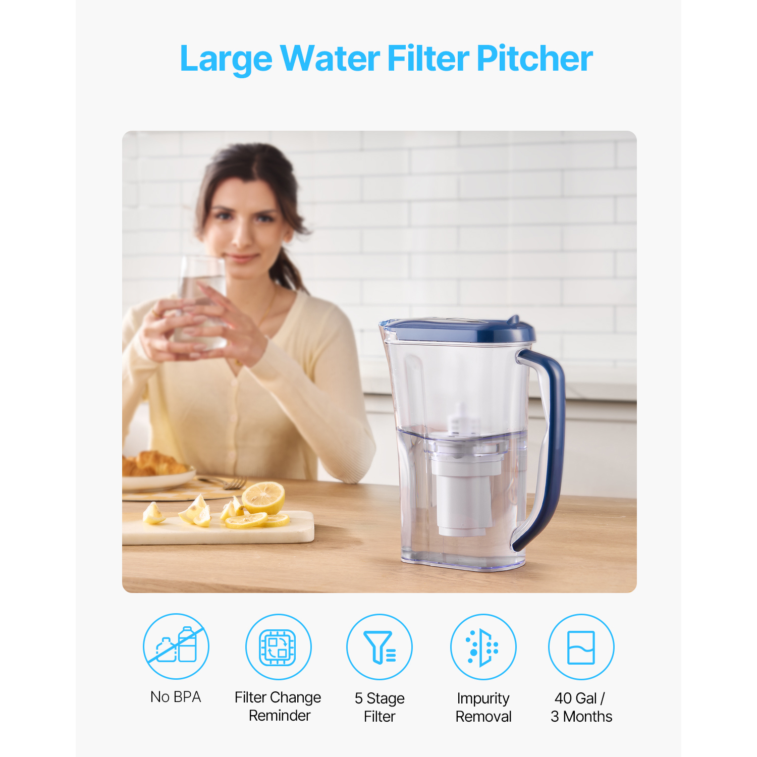 9-Cup Water Filter Pitcher with 5-Stage Filtration & Electronic Timer - BPA-Free Plastic Water Dispenser for Fridge