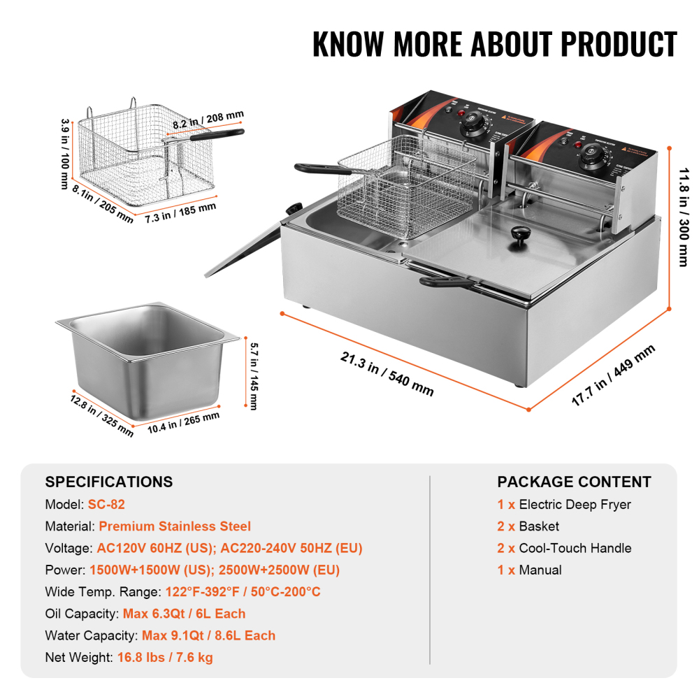 Commercial Electric Deep Fryer Dual Tank Stainless Steel Countertop Fryer with Adjustable Thermostat for Restaurant