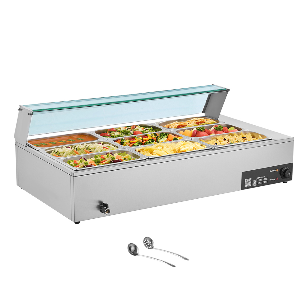 1500W Commercial Electric Steam Table Food Warmer, Stainless Steel 9-Pan Countertop Buffet Bain Marie with Glass Cover & Ladles for Catering