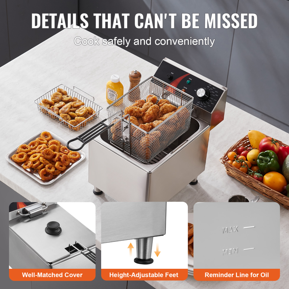 Commercial Electric Deep Fryer Countertop Stainless Steel 12Qt 1750W Heavy Duty Restaurant Kitchen Equipment