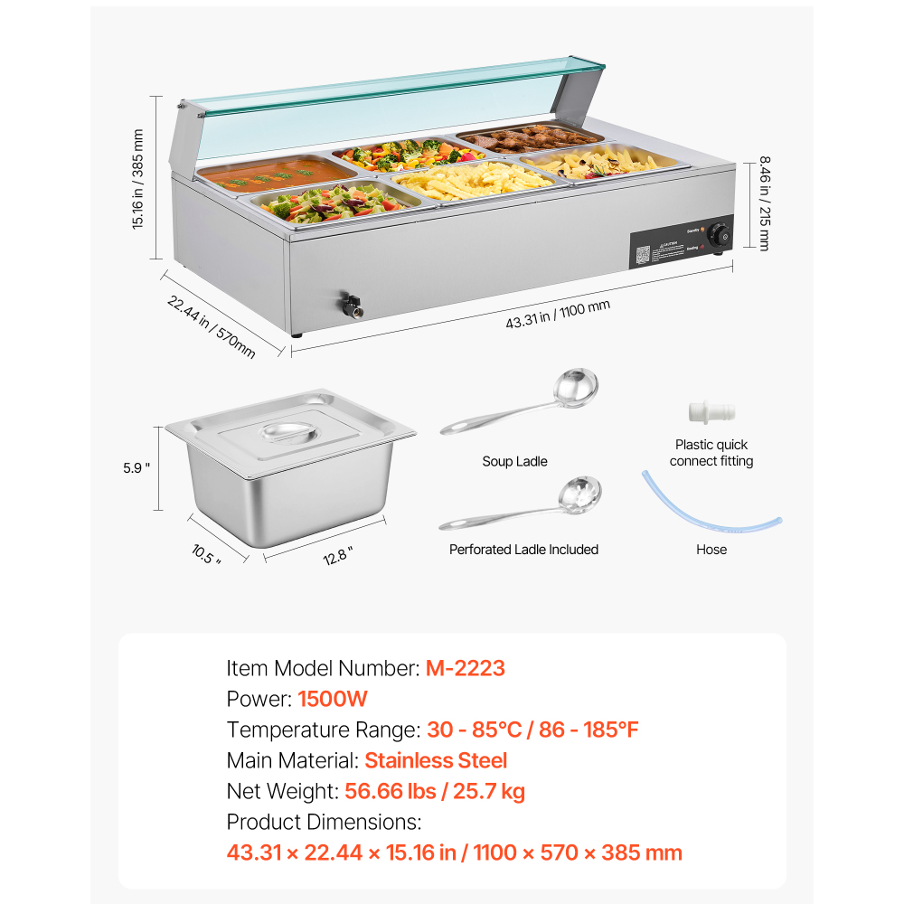 1500W Commercial Electric Food Warmer - Stainless Steel Buffet Bain Marie Steam Table with Glass Cover & 6 Pans for Catering, Restaurant, and Party