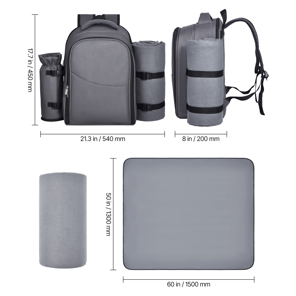 All-in-One Insulated Picnic Backpack for Two with Blanket & Wine Glasses - Grey Outdoor Cooler Bag