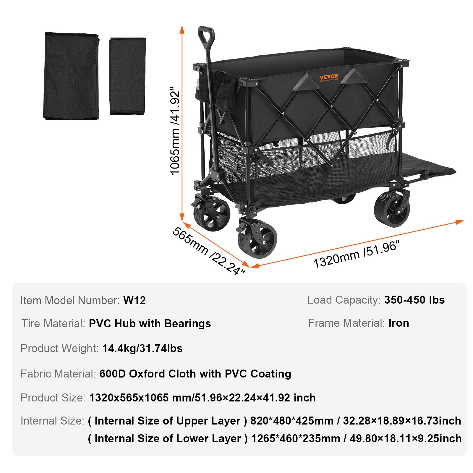 VEVOR Heavy Duty Double Decker Wagon Cart - Collapsible Garden Utility Cart with All-Terrain Wheels & Extendable Tailgate